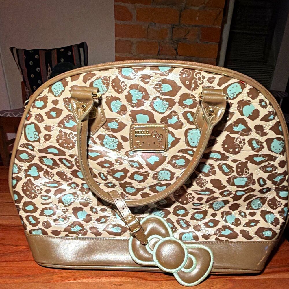 Lounge Fly Hello Kitty Leopard Print Dome Satchel Zip Bow Charm Lined Pockets